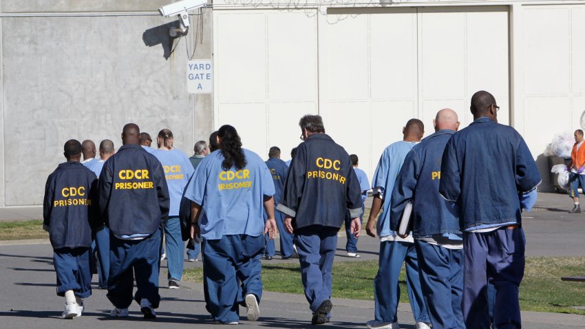 FILE - In this Feb. 26, 2013, file photo, inmates walk through the exercise yard at California State Prison Sacramento, near Folsom, California. (AP Photo/Rich Pedroncelli, File)