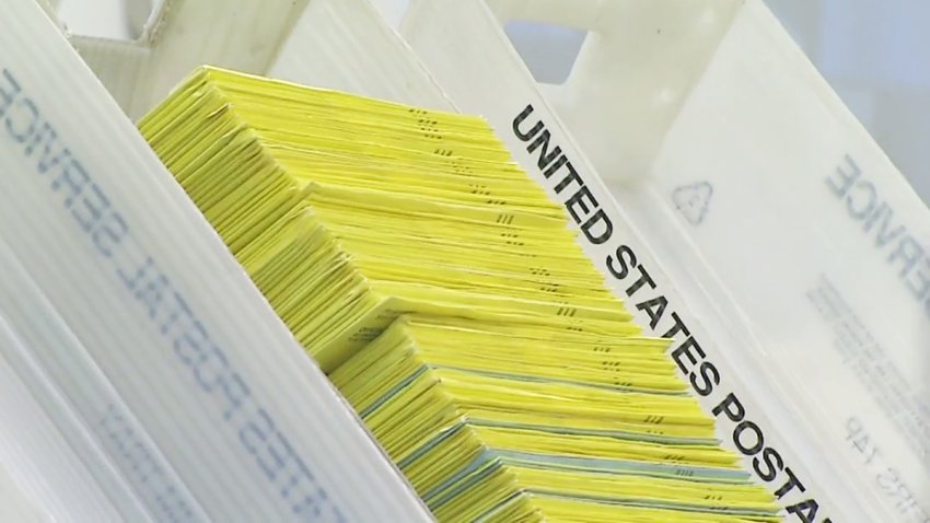 A box of ballots at the San Diego Registrar of Voters Office.