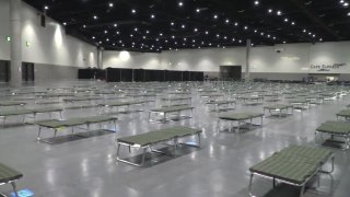 Preparations to house unsheltered individuals at the San Diego Convention Center in April 2020 during the coronavirus pandemic.
