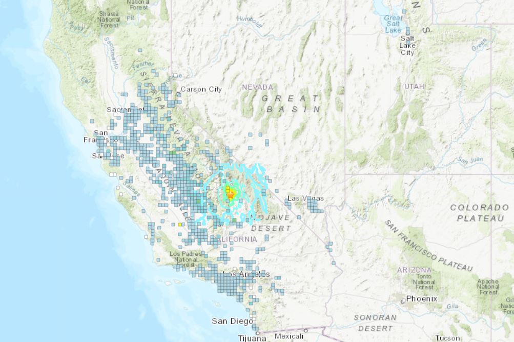 puntos de donde se sintió el sismo en California recorría desde la frontera en San Diego hasta Lake Tahoe, se sintió en áreas de Nevada y Arizona