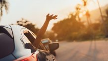 Hatchback Car travel driving road trip of woman summer vacation in blue car at sunset,Girls happy traveling enjoy holidays and relaxation with friends together get the atmosphere and go to destination