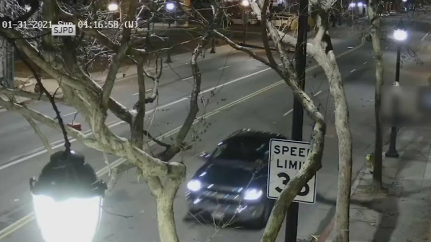 A pickup truck involved in a fatal hit and run Sunday is captured on surveillance video in San Jose. (Feb. 3, 2021)