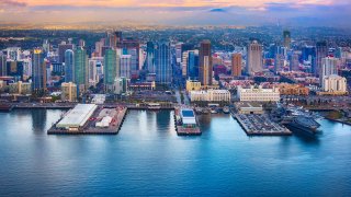 Downtown San Diego, California, shot during a helicopter photo flight as a winter storm cleared.