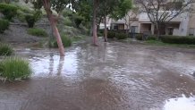 Flooding at an apartment complex in Rancho San Diego.
