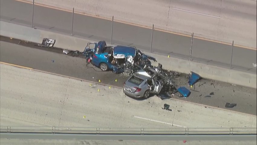 The aftermath of a wrong-way crash that killed two SDPD detectives on Friday, June 4, 2021.