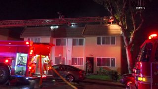 Firefighters respond to a structure fire at a San Ysidro apartment on Friday, July 16, 2021.