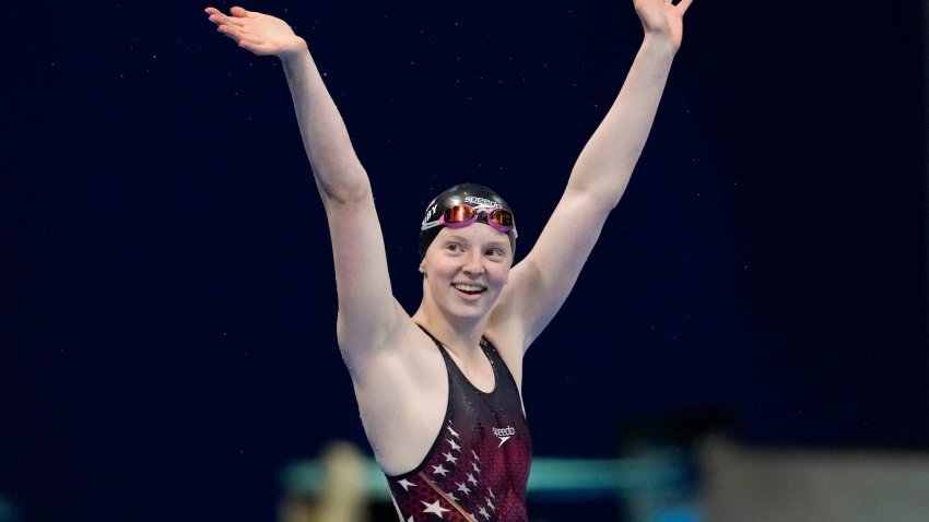 Lydia Jacoby reacts after winning the women’s 100m breaststroke at the Tokyo Olympics.