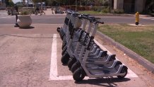 Motorized scooters parked in Downtown San Diego