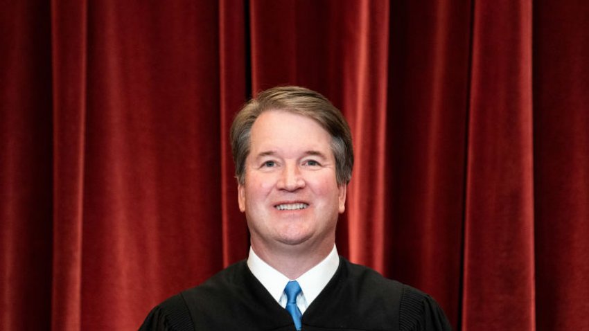 WASHINGTON, DC – APRIL 23: Associate Justice Brett Kavanaugh stands during a group photo of the Justices at the Supreme Court in Washington, DC on April 23, 2021. (Photo by Erin Schaff-Pool/Getty Images)