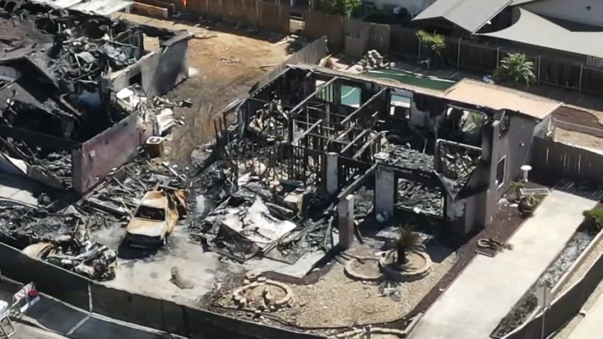 Drone footage taken on Wednesday, Oct. 13, 2021 captures damage the Morris home sustained when a small aircraft crashed into a Santee neighborhood just two days before.