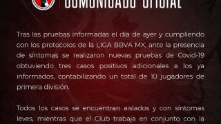 Comunicado de los Xolos: Tras las pruebas informadas el día de ayer y cumpliendo con los protocolos de la LIGA BBVA MX, ante la presencia de síntomas se realizaron nuevas pruebas de Covid-19 obtuviendo tres casos positivos adicionales a los ya informados, contabilizando un total de 10 jugadores de primera división. Todos los casos se encuentran aislados y con síntomas leves, mientras que el Club trabaja en conjunto con la jurisdicción sanitaria del estado de Baja California.