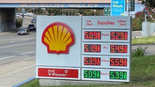 Rising gas prices at a Shell gas station in Mission Valley, Feb. 21, 2022.