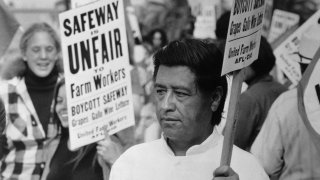Farm labor leader Cesar Chavez pickets outside San Diego area headquarters of Safeway markets in 1973. Picketing was in protest over the arrest of 29 persons at a Delano, California, Safeway. Nationwide picketing was launched to protest arrests.