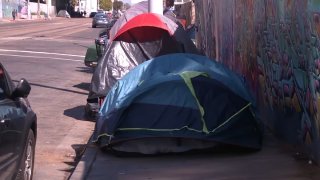 Tents are set up by unsheltered San Diegans to live in.