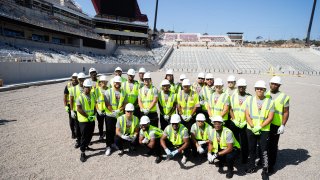 06 April 2022: The San Diego State football team tours Snapdragon Stadium for the first time as it nears completion.
