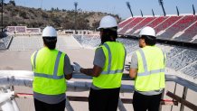 06 April 2022: The San Diego State football team tours Snapdragon Stadium for the first time as it nears completion.