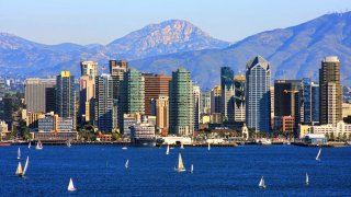 San Diego skyline from the San Diego Bay bay with mountains in the background.