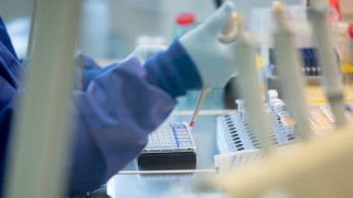 An employee works in a laboratory at the Institute of Hygiene and Health, mixing isolated RNA from wastewater samples with PCR reagents for the specific detection of SARS-CoV-2.