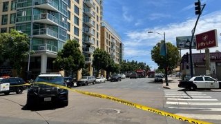 San Diego police respond to a call of a suspicious package in downtown's East Village neighborhood on Wednesday, July 20, 2022.