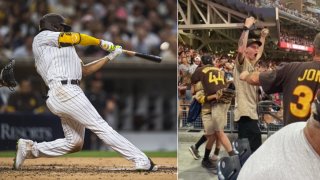 (LEFT): Juan Soto #22 of the San Diego Padres hits a home run in the fourth inning against the San Francisco Giants at PETCO Park on August 9, 2022 in San Diego, California. (Photo by Matt Thomas/San Diego Padres/Getty Images) -- (RIGHT) Tyler Brower catches Juan Soto's first home run as a Padre.