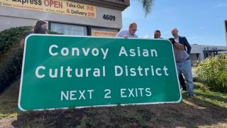 Freeway signs identifying where San Diego's Convoy District can be found were debuted on Wednesday, Aug. 3, 2022.