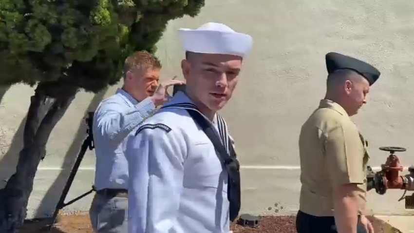 Navy sailor Ryan Mays during a break in court proceedings on Sept. 19, 2022. Mays is accused of starting a fire on the USS Bonhomme Richard that burned for days and destroyed the ship in 2020.