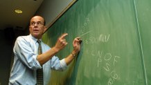 K. Barry Sharpless, Ph.D, addresses a room full of reporters and colleagues at Scripps Research Institute after winning the 101st Nobel Prize in Chemistry 10 October, 2001.