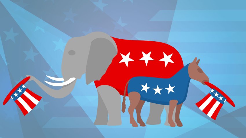 Illustrated image of donkey and elephant with stars and stripes.