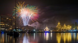 Fireworks celebrate the ending of 2019 and beginning of 2020 at the historic Hotel del Coronado. Nice reflections on the water at Glorietta Bay.