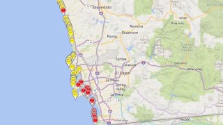 A map shows beach closures and warnings scattered across San Diego County on Jan. 17, 2022.