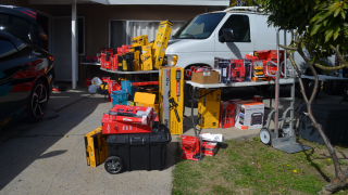 Goods worth tens of thousands of dollars are displayed by the Escondido Police Department after detectives arrested a man accused of stealing the items to sell online.