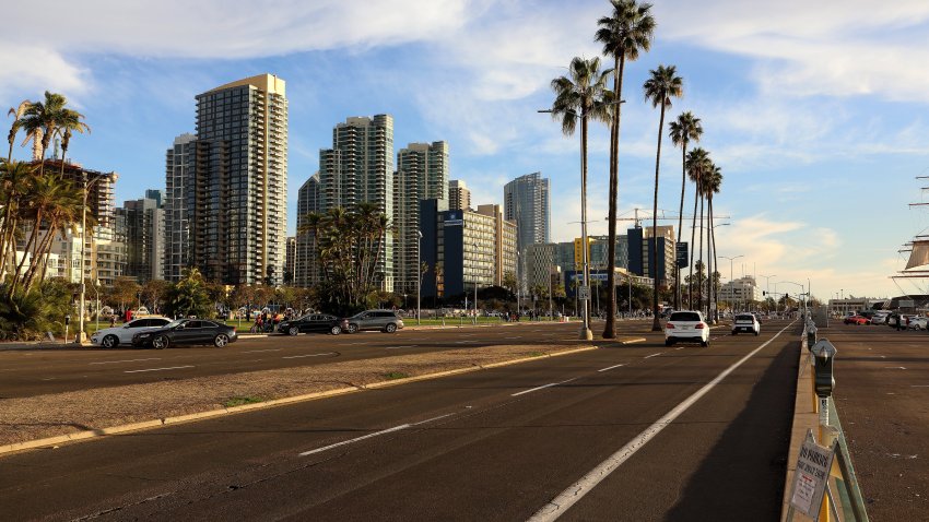 A partial view of the San Diego skyline, as photographed along Pacific Highway in San Diego, California on January 14, 2018. (Photo By Raymond Boyd/Getty Images)