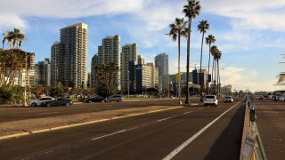 A partial view of the San Diego skyline, as photographed along Pacific Highway in San Diego, California on January 14, 2018. (Photo By Raymond Boyd/Getty Images)