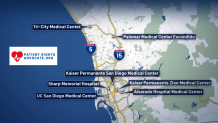 This map shows the names and locations of seven San Diego County hospitals that PatientRightsAdvocate.Org found to be noncompliant with hospital price transparency rules.