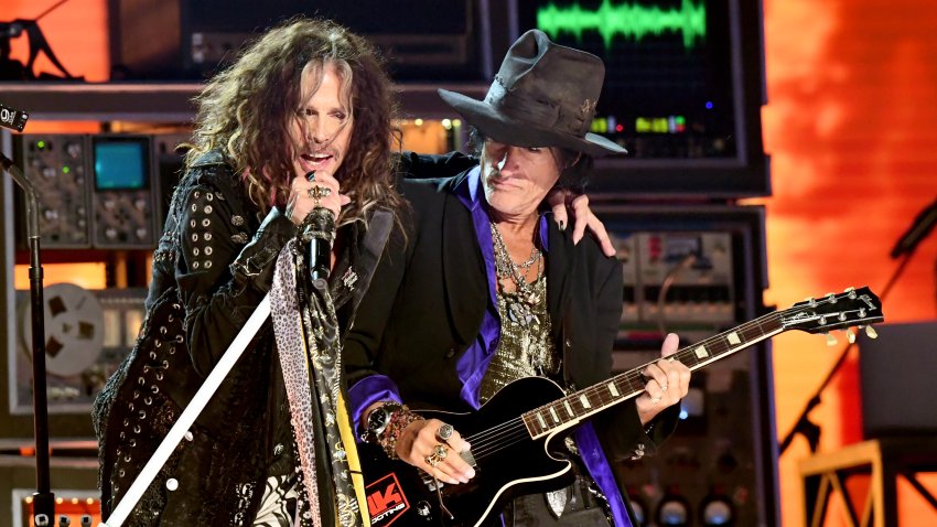 LOS ANGELES, CALIFORNIA – JANUARY 26: (L-R) Steven Tyler and Joe Perry of Aerosmith perform onstage during the 62nd Annual GRAMMY Awards at Staples Center on January 26, 2020 in Los Angeles, California. (Photo by Jeff Kravitz/FilmMagic)