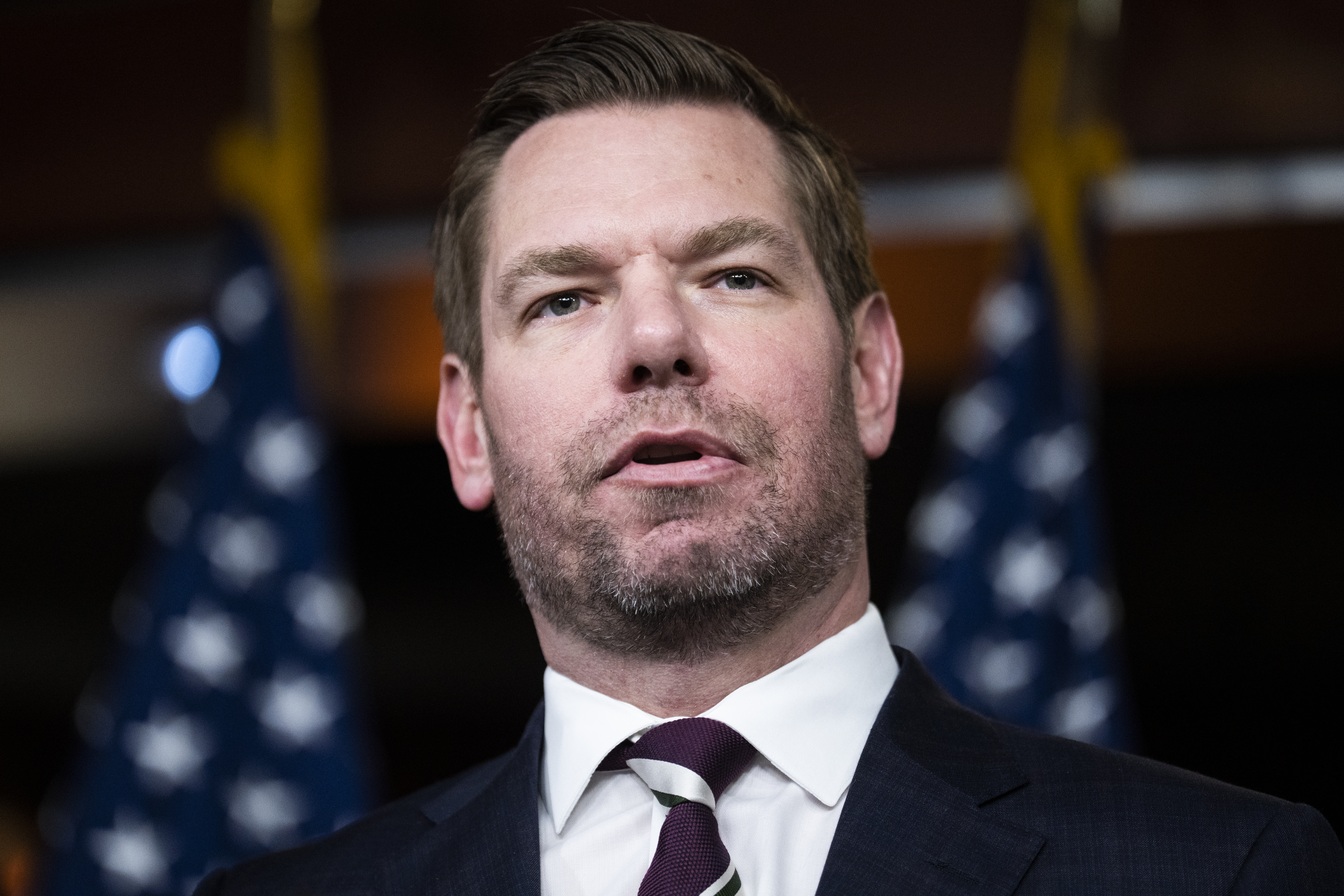 Rep. Eric Swalwell, D-Calif., conducts a news conference with Reps. Adam Schiff, D-Calif., and Ilhan Omar, D-Minn., on being removed from committees assignments, in the Capitol Visitor Center on Wednesday, January 25, 2023. (Tom Williams/CQ-Roll Call, Inc via Getty Images)