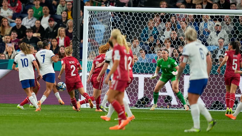 SYDNEY, AUSTRALIA – JULY 28: Lauren James of England shoots on goal during the FIFA Women’s World Cup Australia & New Zealand 2023 Group D match between England and Denmark at Sydney Football Stadium on July 28, 2023 in Sydney, Australia. (Photo by Ulrik Pedersen/DeFodi Images via Getty Images)