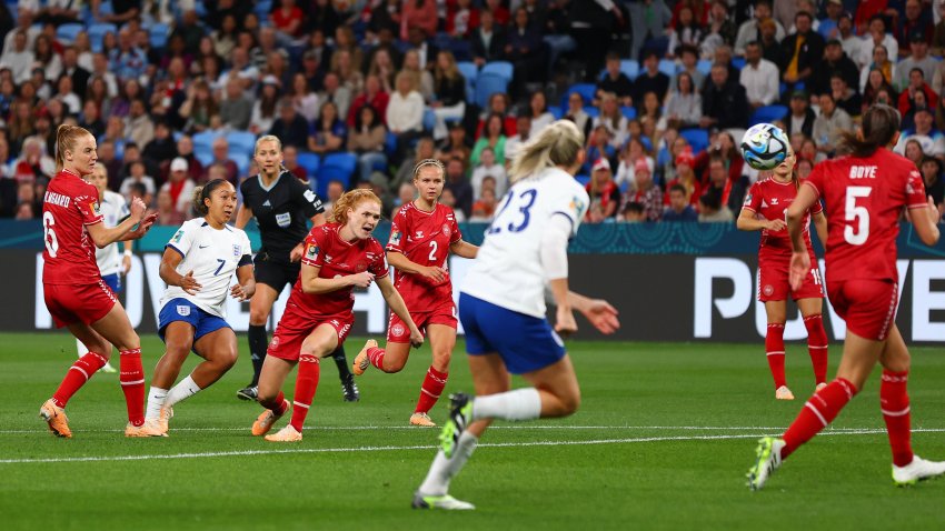 SYDNEY, AUSTRALIA – JULY 28: Lauren James of England scores her team’s first goal during the FIFA Women’s World Cup Australia & New Zealand 2023 Group D match between England and Denmark at Sydney Football Stadium on July 28, 2023 in Sydney, Australia. (Photo by Naomi Baker – The FA/The FA via Getty Images)