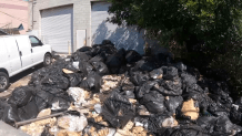 Bags of trash pile up outside a bakery in Barrio Logan, prompting questions from residents.