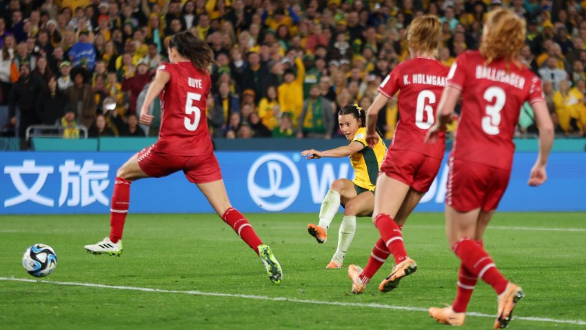 SYDNEY, AUSTRALIA – AUGUST 07: Hayley Raso of Australia scores her team’s second goal during the FIFA Women’s World Cup Australia & New Zealand 2023 Round of 16 match between Australia and Denmark at Stadium Australia on August 07, 2023 in Sydney, Australia. (Photo by Cameron Spencer/Getty Images)