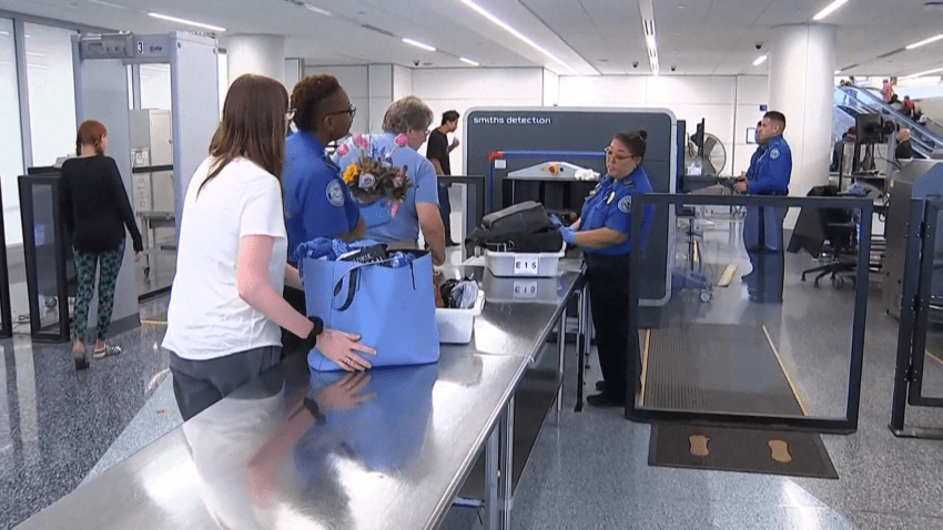 People wait in line at TSA checkpoint