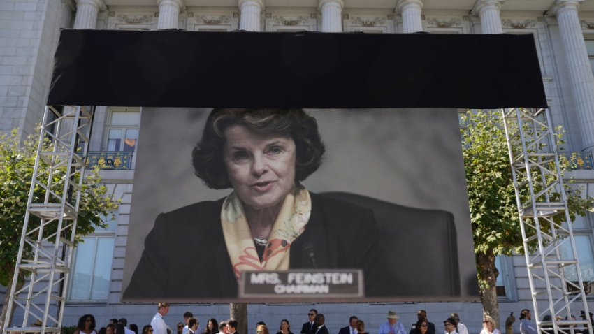 An image of the late US Senator Dianne Feinstein is displayed during her funeral service at City Hall in San Francisco, California, on October 5, 2023. Feinstein, a titan of US political history who notched a string of legislative achievements during a trailblazing three-decade career in the Senate, died on September 29, 2023. She was 90. (Photo by Loren Elliott / AFP) (Photo by LOREN ELLIOTT/AFP via Getty Images)