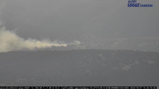 An SDG&E wildfire camera shows white smoke blowing in the Pauma Valley area of North San Diego County on Oct. 27, 2023.