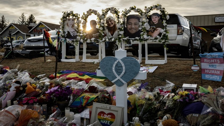 COLORADO SPRINGS, CO – NOVEMBER 22: Photos of the shooting victims are displayed at a makeshift memorial outside of Club Q on November 22, 2022 in Colorado Springs, Colorado. A gunman opened fire inside the LGBTQ+ club on November 19th, killing 5 and injuring 25 others before being tackled and disarmed by a club patron. (Photo by Chet Strange/Getty Images)