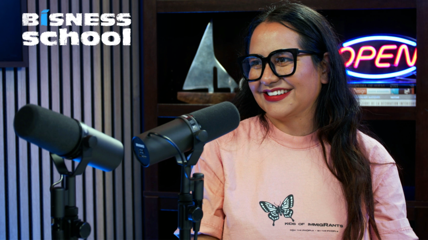 Patty Rodriguez with Bísness School logo