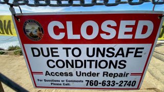 A closed sign is posted at the trailhead down to Beacon's Beach in Encinitas, Jan. 15, 2024.