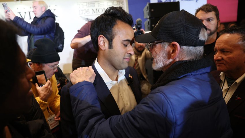 DES MOINES, IOWA – JANUARY 15: Republican presidential candidate Vivek Ramaswamy greets his supporters at his caucus night event at the Surety Hotel on January 15, 2024 in Des Moines, Iowa. Iowans voted today in the state’s caucuses for the first contest in the 2024 Republican presidential nominating process. Ramaswamy announced he was dropping out of the race. (Photo by Kevin Dietsch/Getty Images)