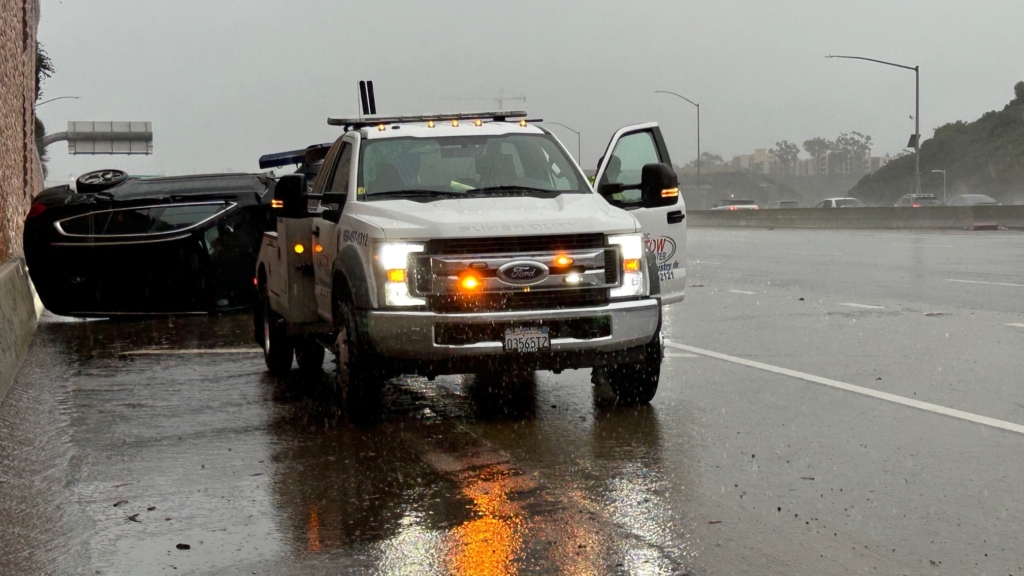 Jan.  22, 2024, a vehicle overturned amid heavy rain on I-5 at Genesee Ave.