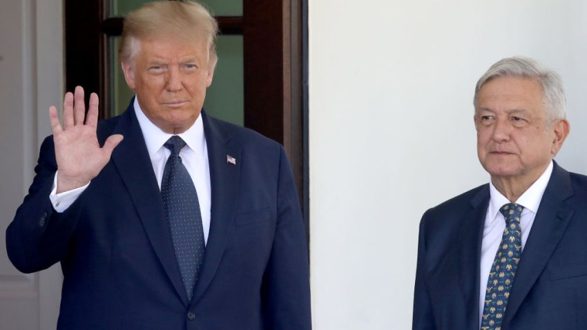 WASHINGTON, DC – JULY 08: U.S. President Donald Trump (L) welcomes Mexican President Andrés Manuel López Obrador (R) to the White House July 8, 2020 in Washington, DC. Trump and López Obrador also met in the Oval Office and are scheduled to deliver a joint press statement later in the day. (Photo by Win McNamee/Getty Images)