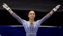 MINNEAPOLIS, MINNESOTA - JUNE 30:  Hezly Rivera prepares for her uneven bars routine on Day Four of the 2024 U.S. Olympic Team Gymnastics Trials at Target Center on June 30, 2024 in Minneapolis, Minnesota. (Photo by Elsa/Getty Images)